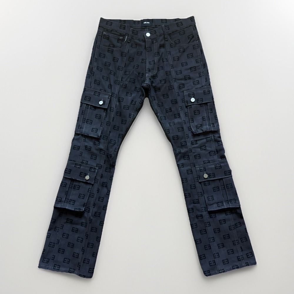 EMLINE All Over Monogram Cargo Pants Size 30 (32x32) Thick Canvas Made In USA